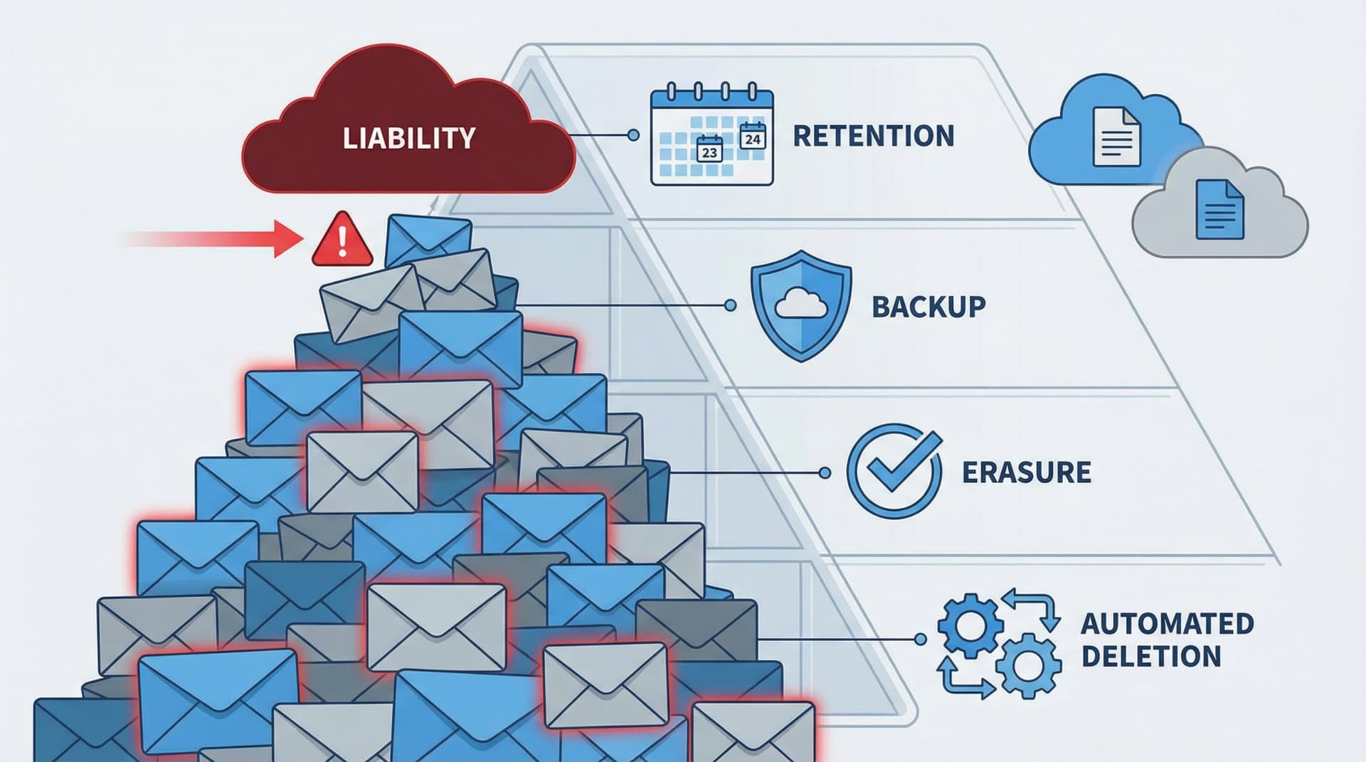 GDPR email retention liability visualization showing stacked email volumes with compliance framework overlay and systematic deletion workflow