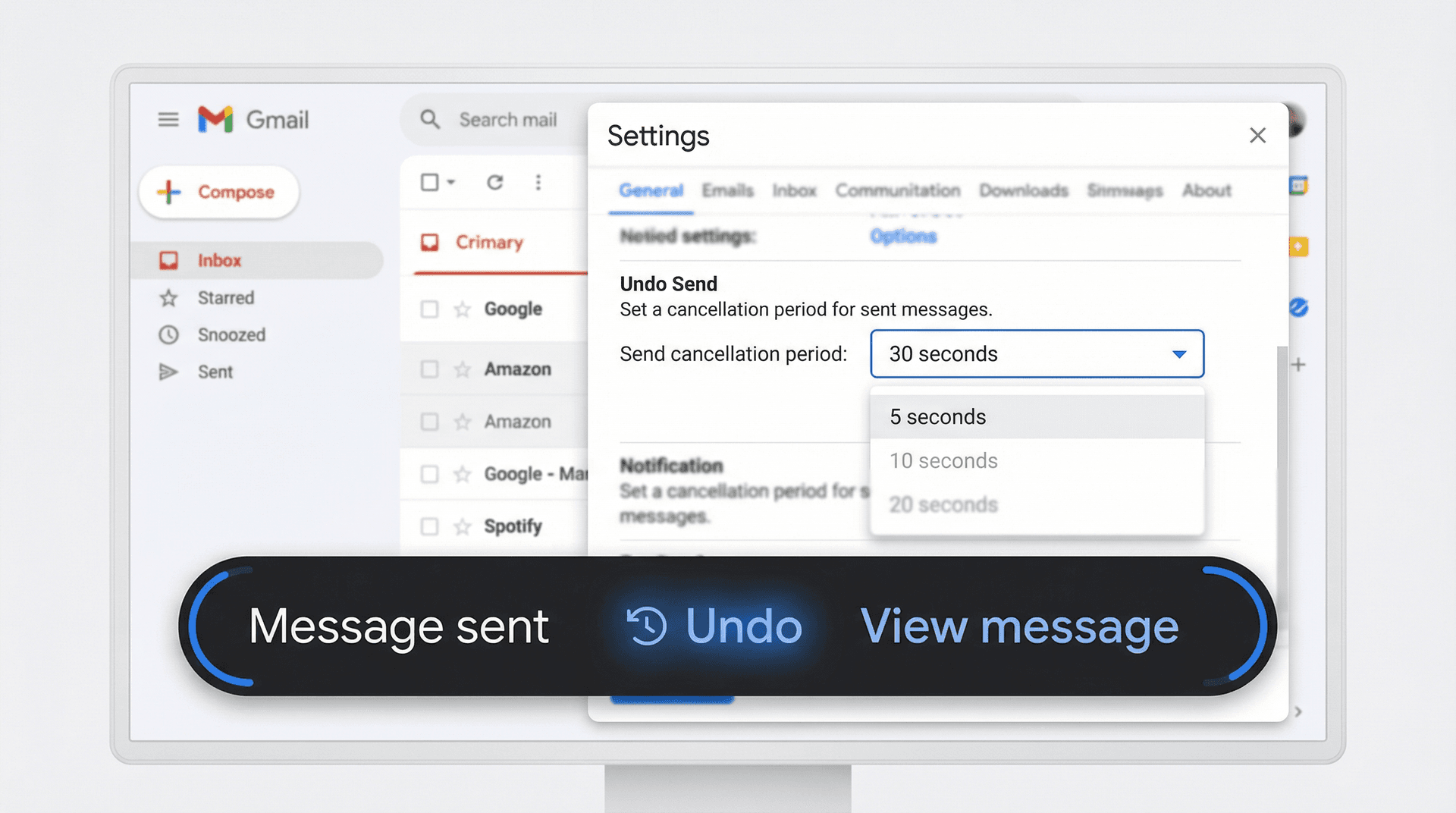 Gmail's 'Message sent' notification bar showing the Undo button and 30-second cancellation window options in Gmail settings