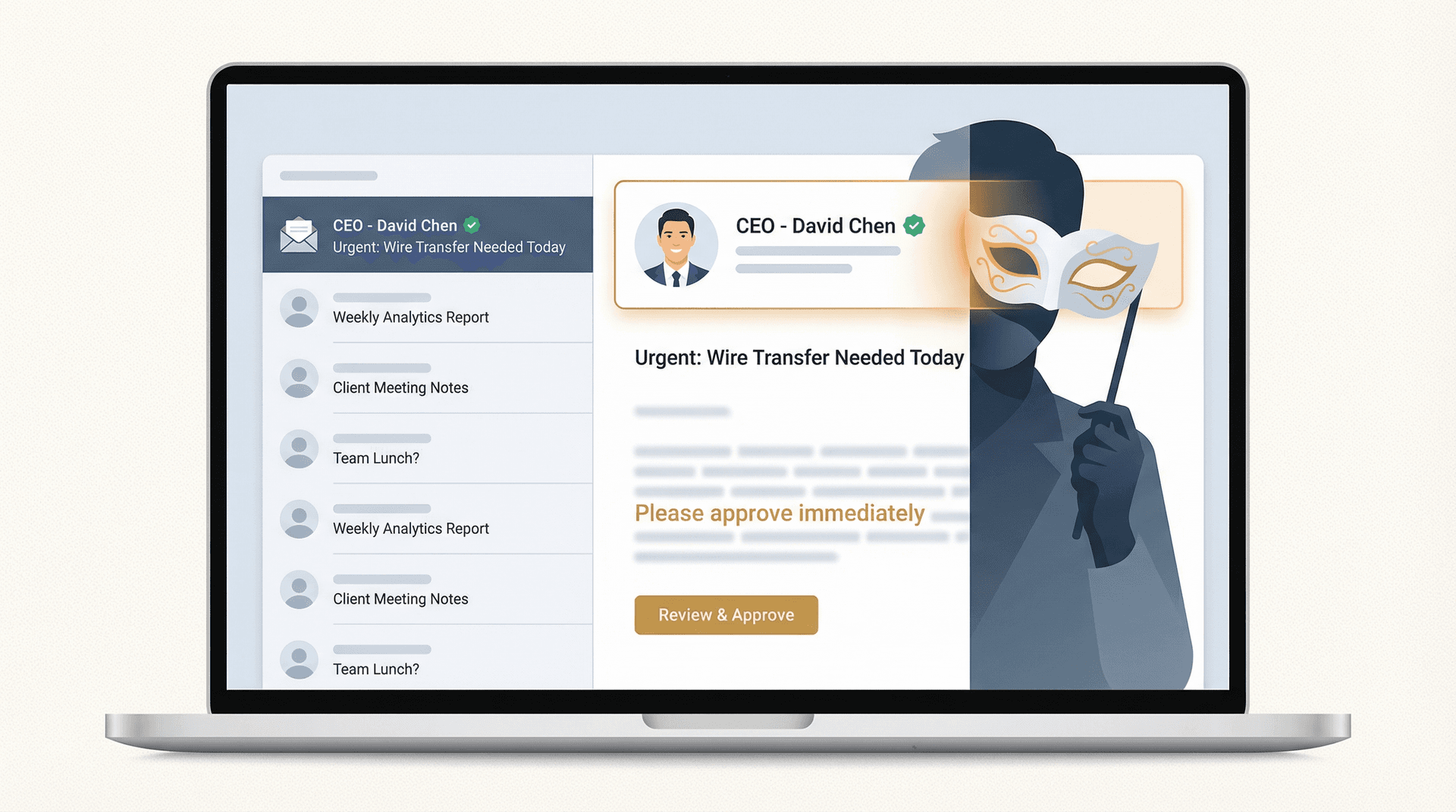 Business email inbox illustration: phishing email disguised as CEO message shows how identity deception enables email fraud