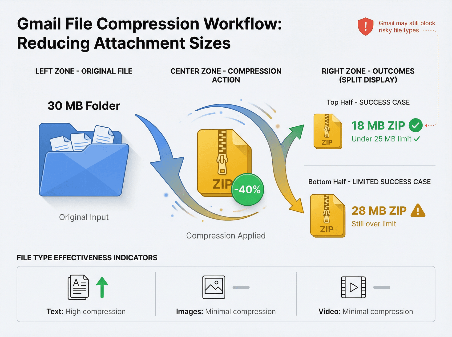 File compression workflow showing 30MB folder compressing to 18MB ZIP with effectiveness indicators for different file types