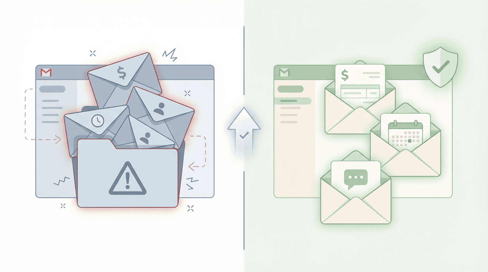 Editorial illustration showing important emails trapped in a Gmail Spam folder on the left versus safely delivered to an organized inbox on the right