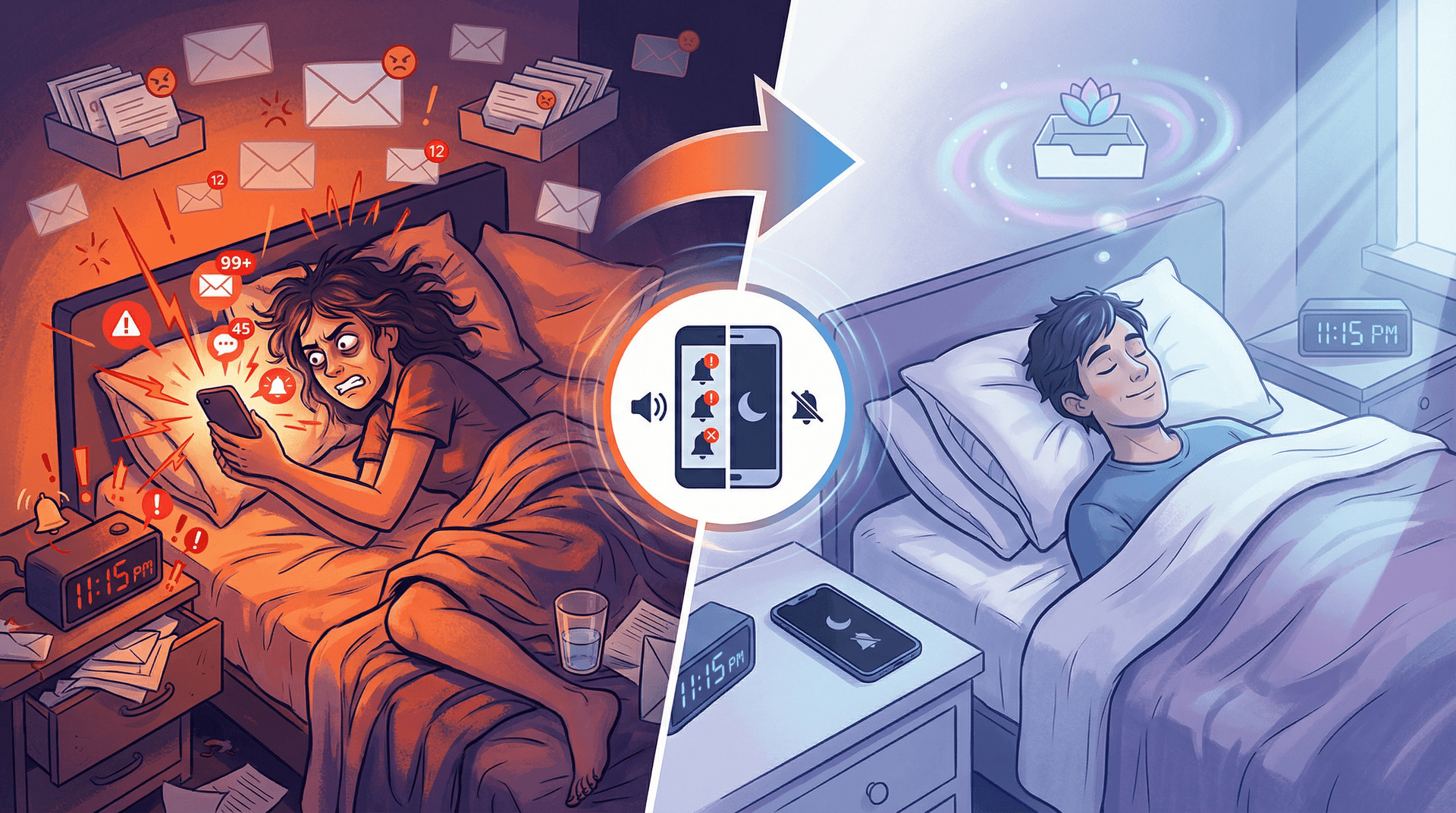 Split-panel illustration contrasting nighttime email anxiety versus peaceful, uninterrupted sleep with phone silenced