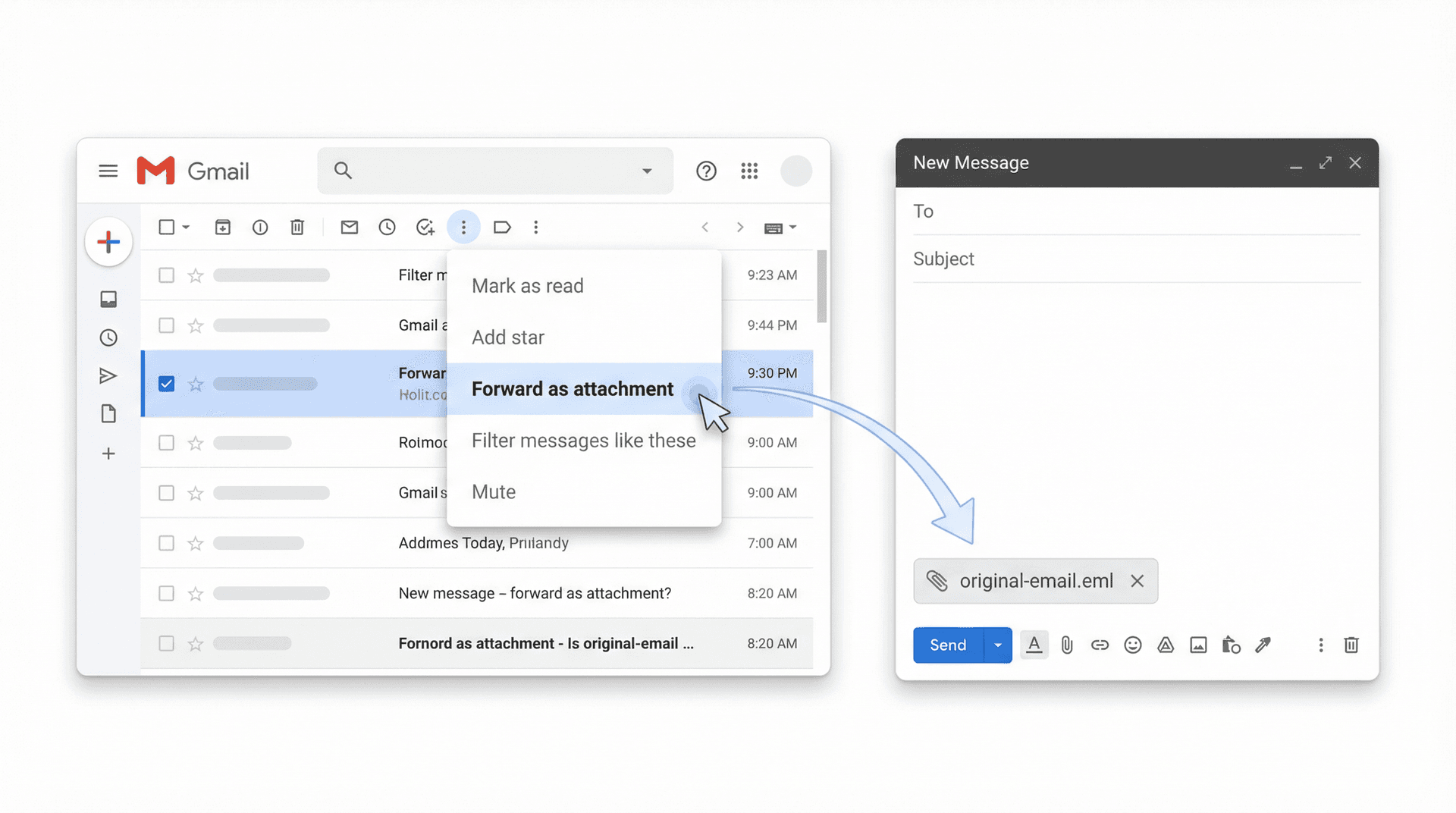 Gmail desktop interface showing the Forward as attachment option in the More menu with a compose window open and an .eml file attached